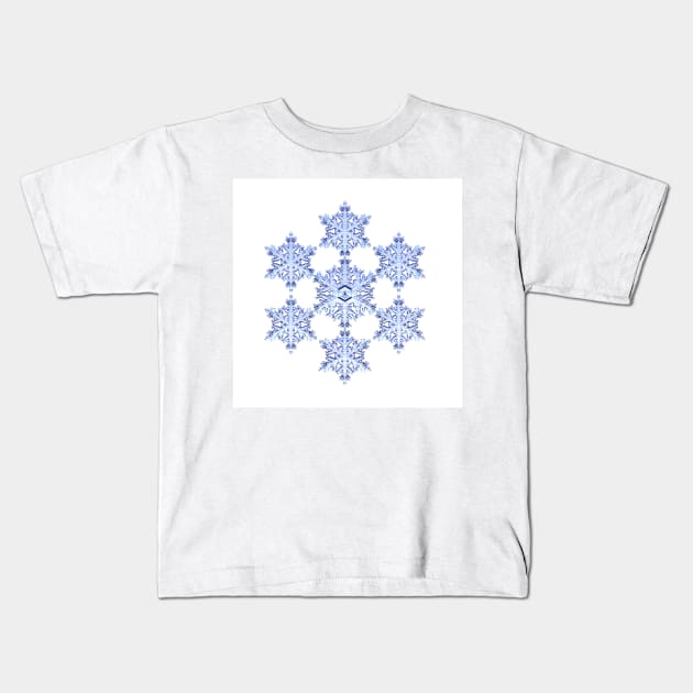 Blue Fractal Snowflake on White Kids T-Shirt by sciencenotes